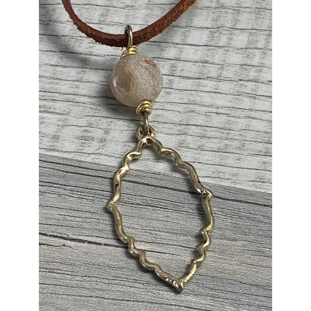 Grace Leather Cord Necklace Gold Tone Marquise Stone Bead Boho 30 Inch